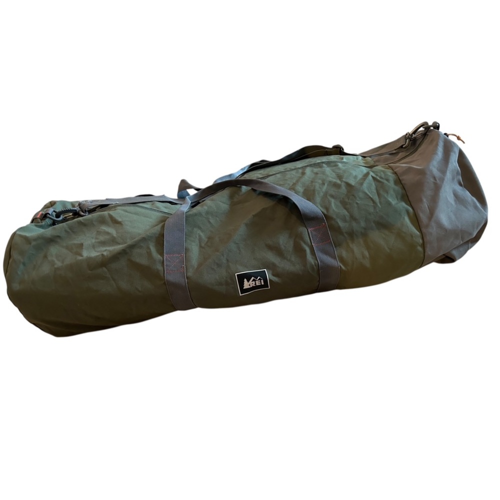 REI Dark Olive Canvas Collapsible Duffel Bag with Brown Straps